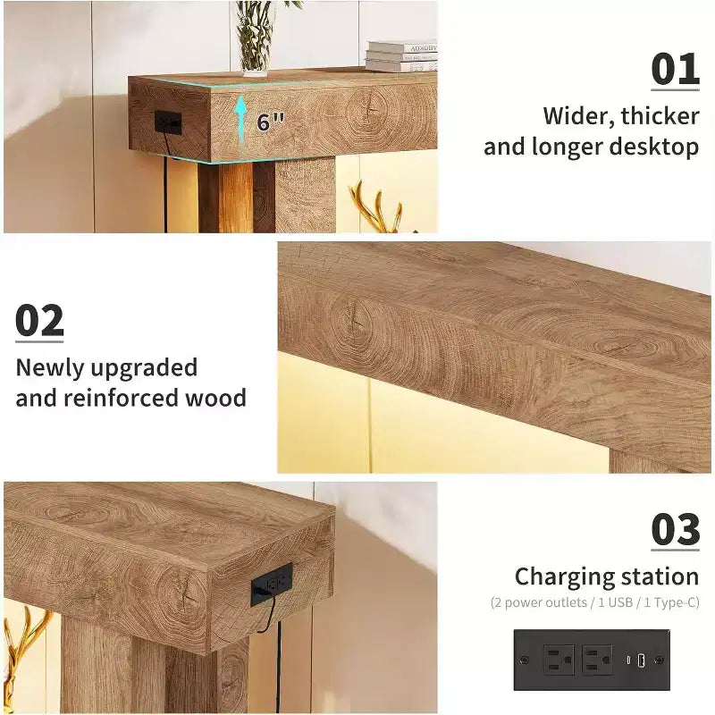 Table console de ferme 63" avec station de charge et lumière LED, table de canapé étroite pour couloir et salon, finition bois naturel