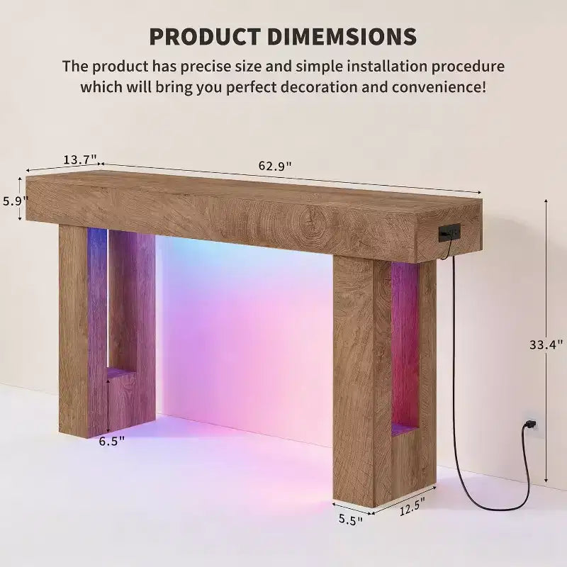 Table console de ferme 63" avec station de charge et lumière LED, table de canapé étroite pour couloir et salon, finition bois naturel