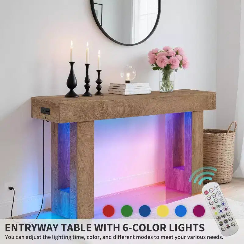 Table console de ferme 63" avec station de charge et lumière LED, table de canapé étroite pour couloir et salon, finition bois naturel