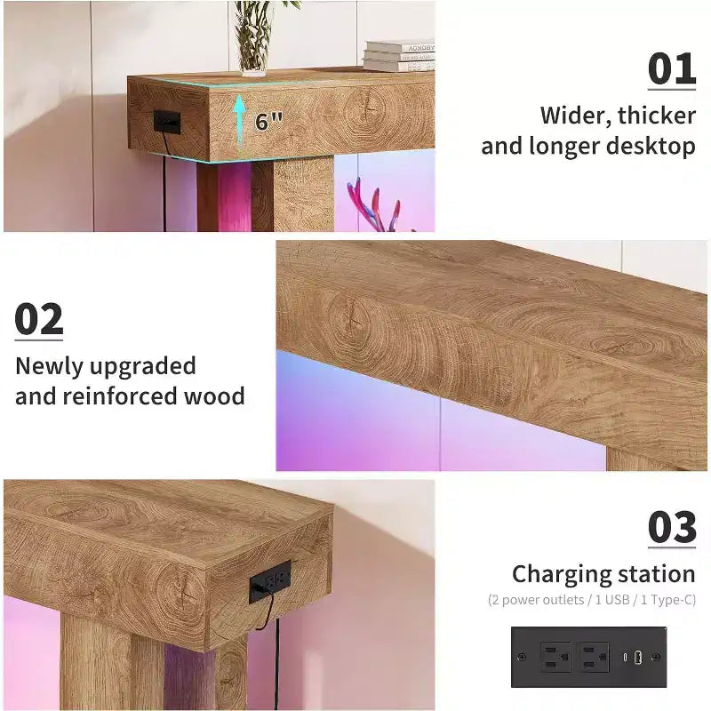 Table console de ferme 63" avec station de charge et lumière LED, table de canapé étroite pour couloir et salon, finition bois naturel