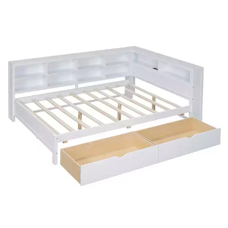Lit de repos en bois de taille double avec 2 tiroirs, étagère de rangement et ports de chargement pour chambre à coucher, blanc