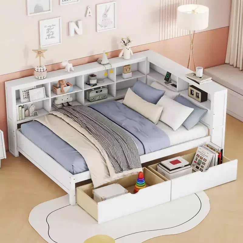 Lit de repos en bois de taille double avec 2 tiroirs, étagère de rangement et ports de chargement pour chambre à coucher, blanc
