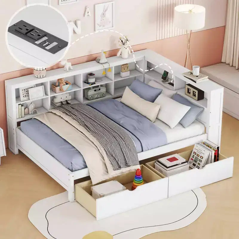 Lit de repos en bois de taille double avec 2 tiroirs, étagère de rangement et ports de chargement pour chambre à coucher, blanc