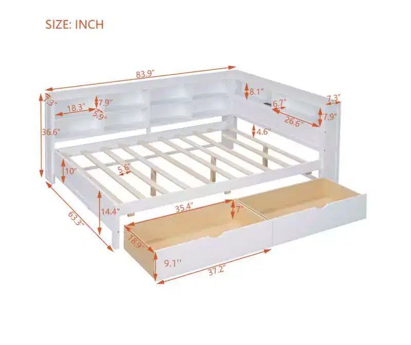 Lit de repos en bois de taille double avec 2 tiroirs, étagère de rangement et ports de chargement pour chambre à coucher, blanc