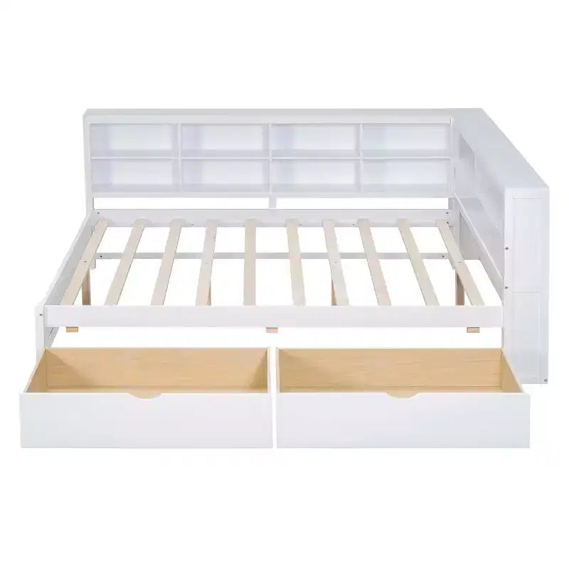 Lit de repos en bois de taille double avec 2 tiroirs, étagère de rangement et ports de chargement pour chambre à coucher, blanc