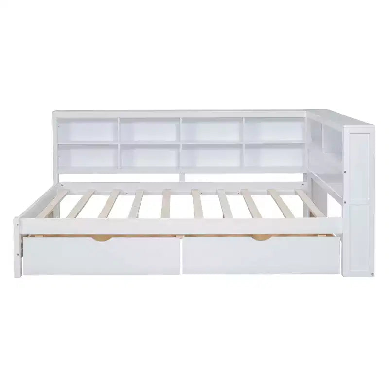 Lit de repos en bois de taille double avec 2 tiroirs, étagère de rangement et ports de chargement pour chambre à coucher, blanc