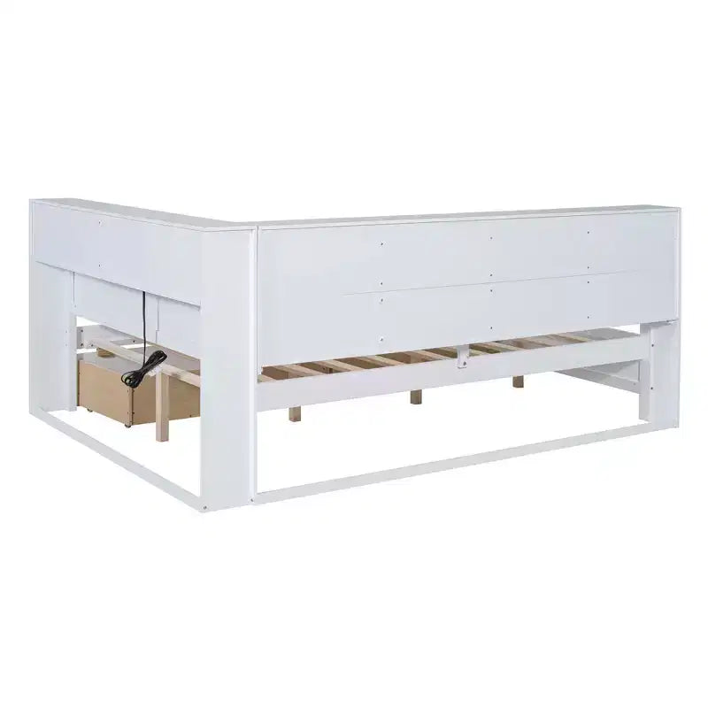 Lit de repos en bois de taille double avec 2 tiroirs, étagère de rangement et ports de chargement pour chambre à coucher, blanc
