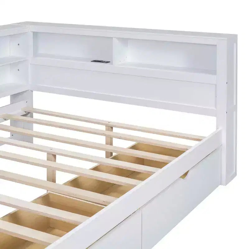 Lit de repos en bois de taille double avec 2 tiroirs, étagère de rangement et ports de chargement pour chambre à coucher, blanc