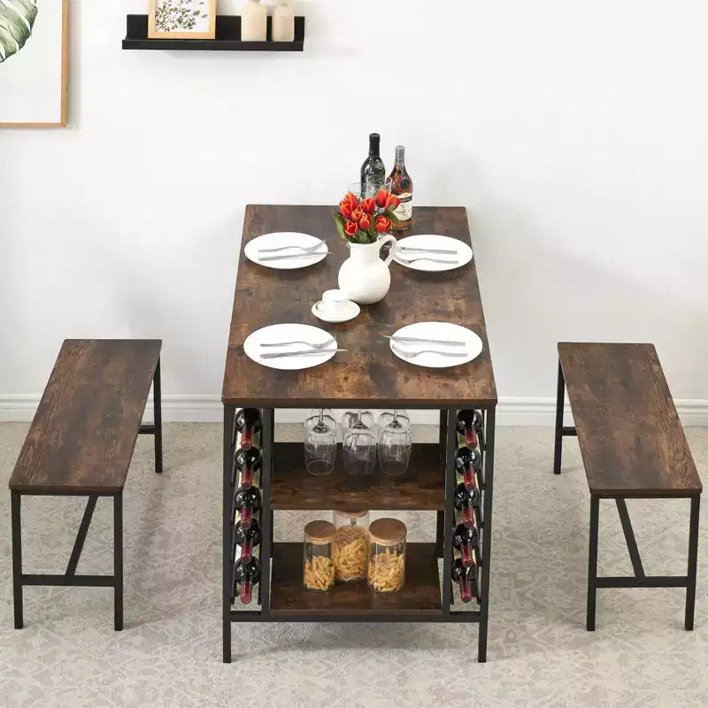 Ensemble de salle à manger 4 places, table de cuisine avec 2 bancs, casier à vin et étagère de rangement, ensemble de table de salle à manger rectangulaire, ensemble de salle à manger 3 pièces