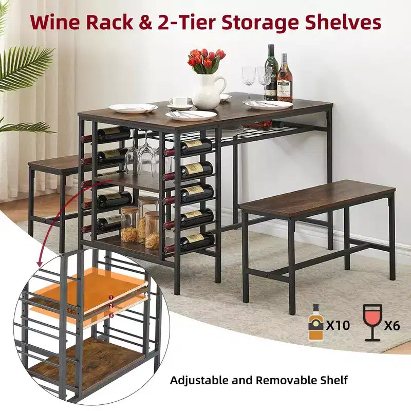 Ensemble de salle à manger 4 places, table de cuisine avec 2 bancs, casier à vin et étagère de rangement, ensemble de table de salle à manger rectangulaire, ensemble de salle à manger 3 pièces
