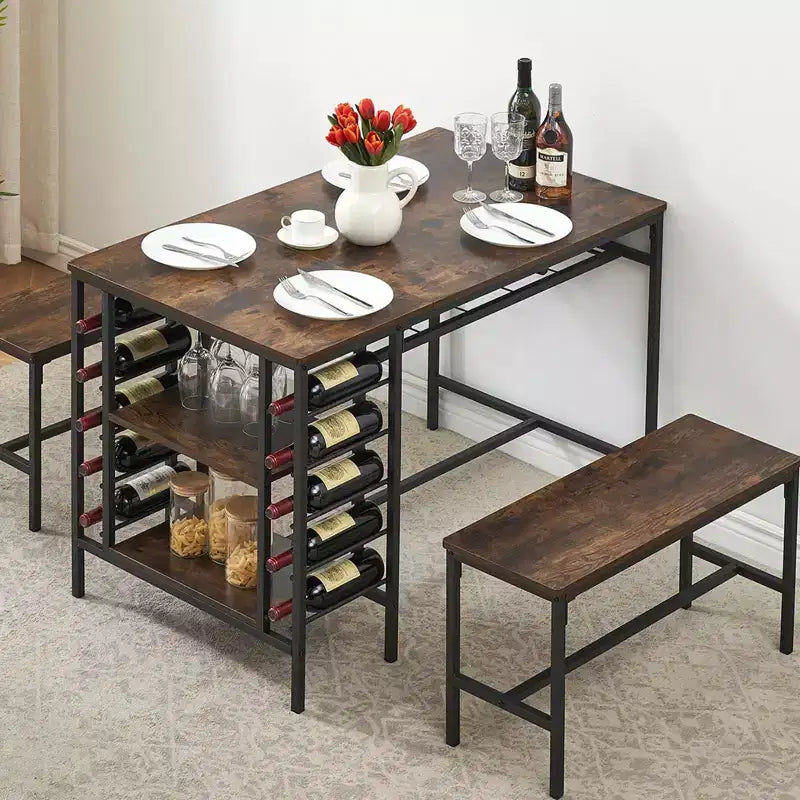Ensemble de salle à manger 4 places, table de cuisine avec 2 bancs, casier à vin et étagère de rangement, ensemble de table de salle à manger rectangulaire, ensemble de salle à manger 3 pièces