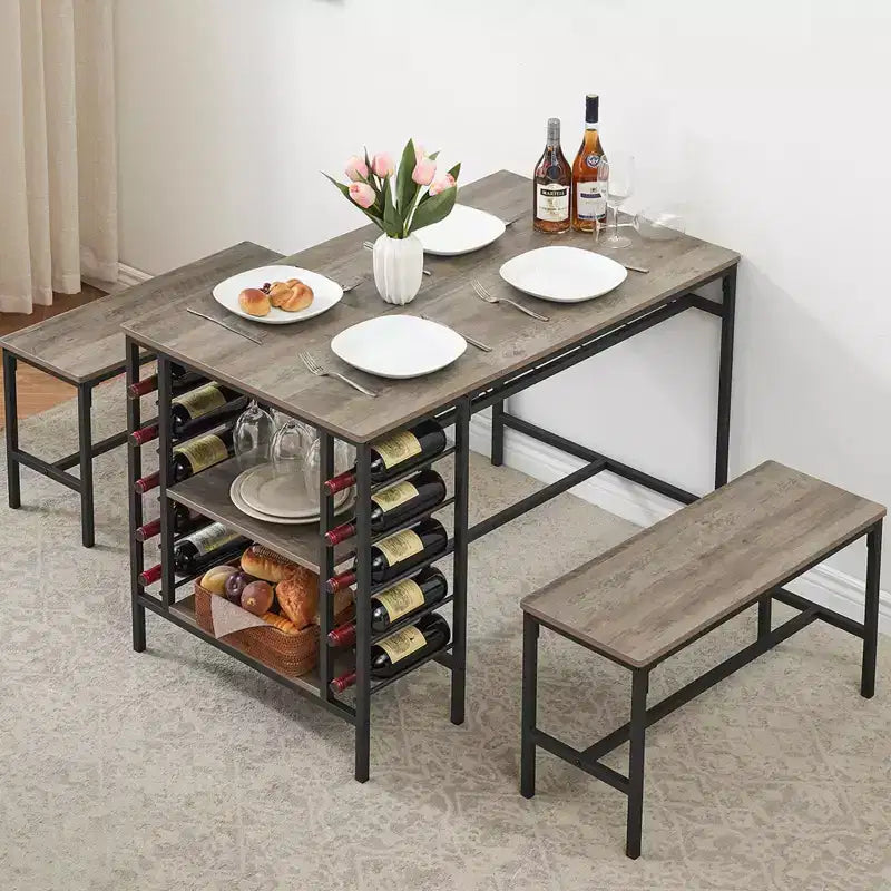 Ensemble de salle à manger 4 places, table de cuisine avec 2 bancs, casier à vin et étagère de rangement, ensemble de table de salle à manger rectangulaire, ensemble de salle à manger 3 pièces