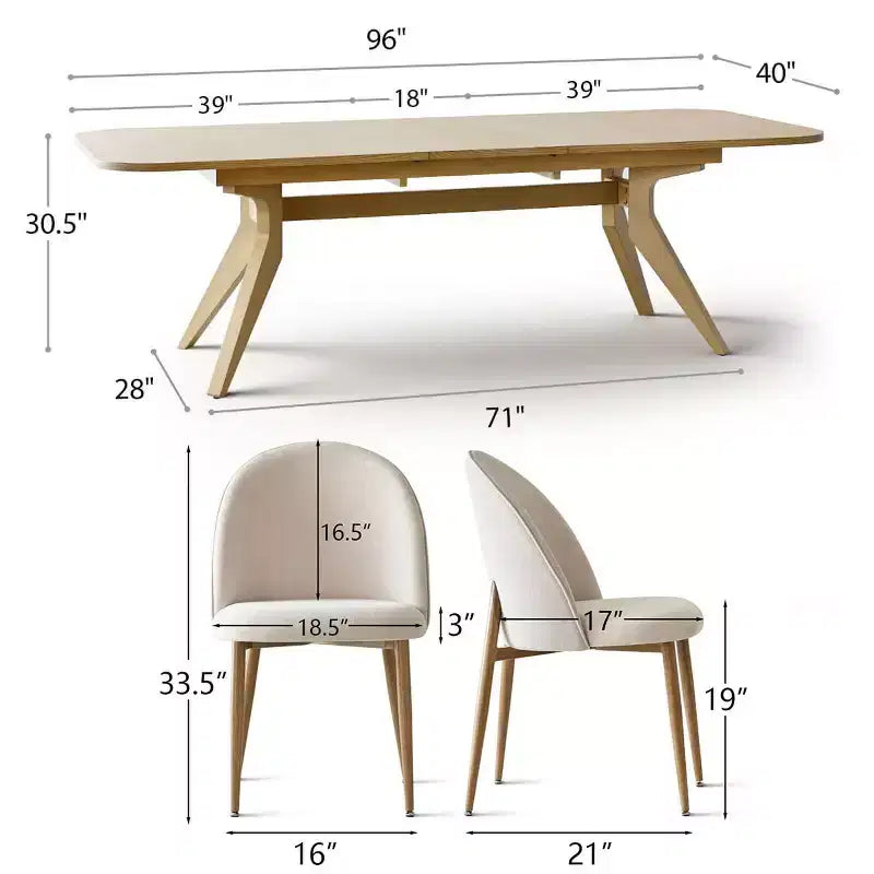78-96 Table de salle à manger extensible moderne pour 6/8 personnes, ensemble de salle à manger Japandi avec chaises rembourrées beiges, piètement en tréteaux en V-Panipeachy
