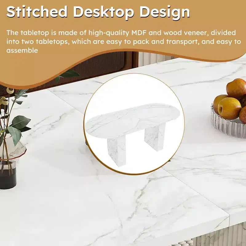 Table à manger ovale de 160 cm pour 6 personnes, plateau en marbre, base en bois à lattes, surface imperméable et résistante aux rayures, blanche