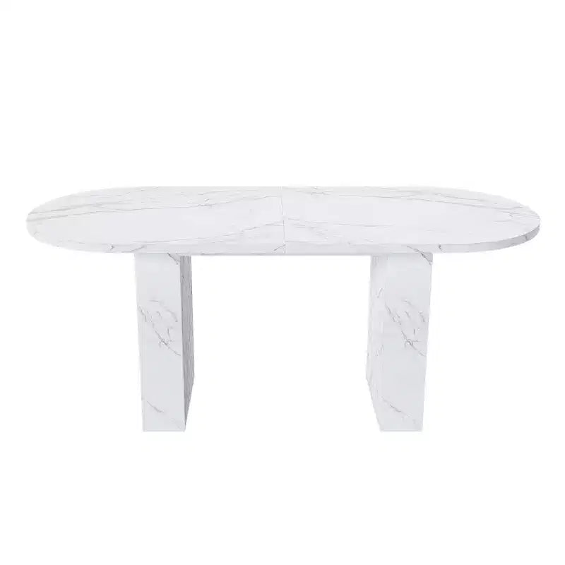 Table à manger ovale de 160 cm pour 6 personnes, plateau en marbre, base en bois à lattes, surface imperméable et résistante aux rayures, blanche