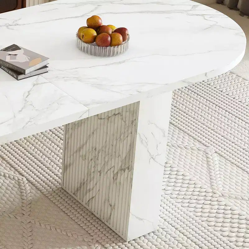 Table à manger ovale de 160 cm pour 6 personnes, plateau en marbre, base en bois à lattes, surface imperméable et résistante aux rayures, blanche