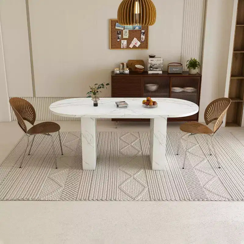 Table à manger ovale de 160 cm pour 6 personnes, plateau en marbre, base en bois à lattes, surface imperméable et résistante aux rayures, blanche