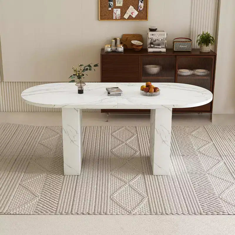 Table à manger ovale de 160 cm pour 6 personnes, plateau en marbre, base en bois à lattes, surface imperméable et résistante aux rayures, blanche