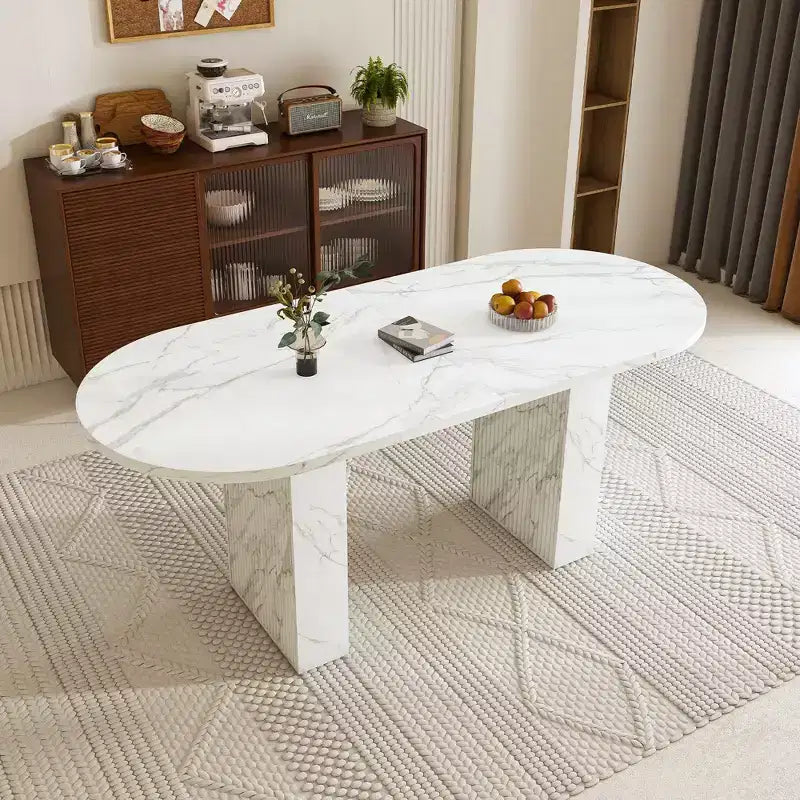 Table à manger ovale de 160 cm pour 6 personnes, plateau en marbre, base en bois à lattes, surface imperméable et résistante aux rayures, blanche