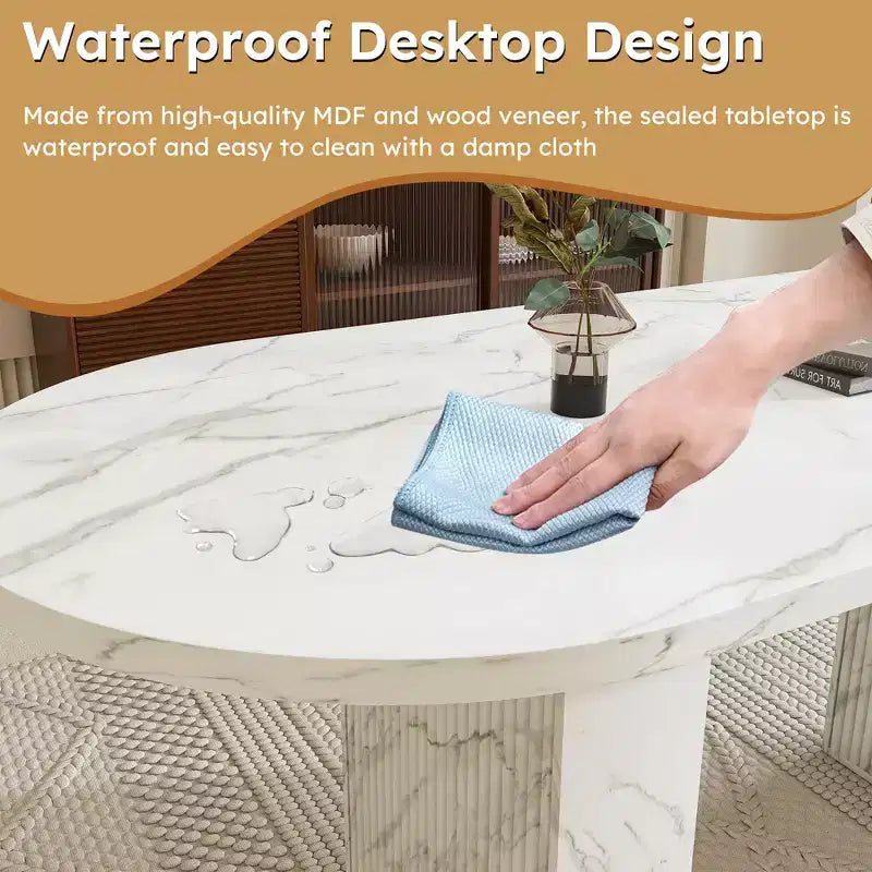 Table à manger ovale de 160 cm pour 6 personnes, plateau en marbre, base en bois à lattes, surface imperméable et résistante aux rayures, blanche