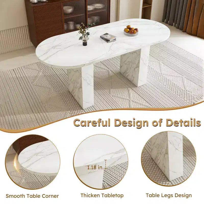 Table à manger ovale de 160 cm pour 6 personnes, plateau en marbre, base en bois à lattes, surface imperméable et résistante aux rayures, blanche