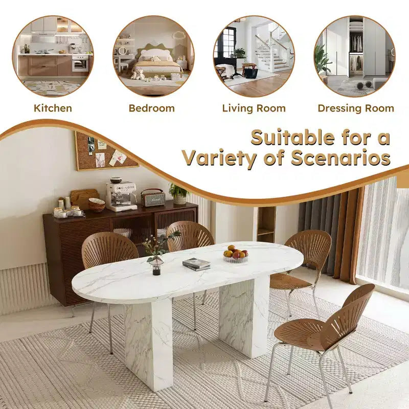 Table à manger ovale de 160 cm pour 6 personnes, plateau en marbre, base en bois à lattes, surface imperméable et résistante aux rayures, blanche