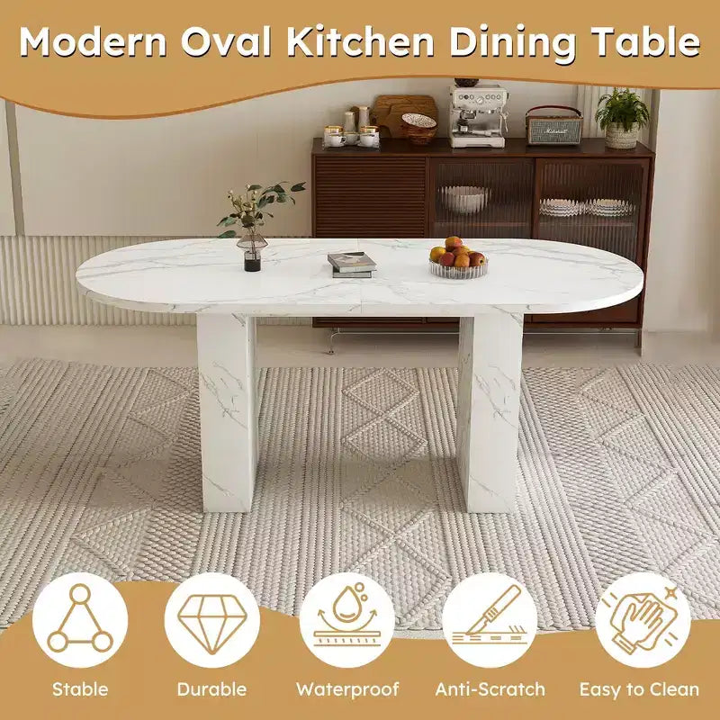 Table à manger ovale de 160 cm pour 6 personnes, plateau en marbre, base en bois à lattes, surface imperméable et résistante aux rayures, blanche