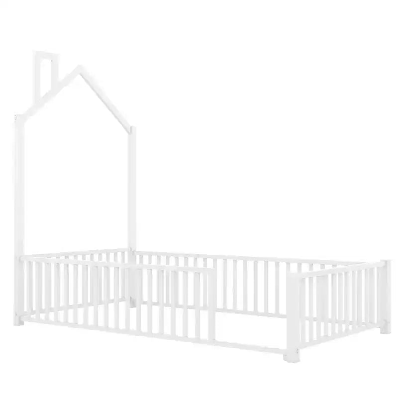 Lit plateforme en métal double avec clôture et cheminée, blanc