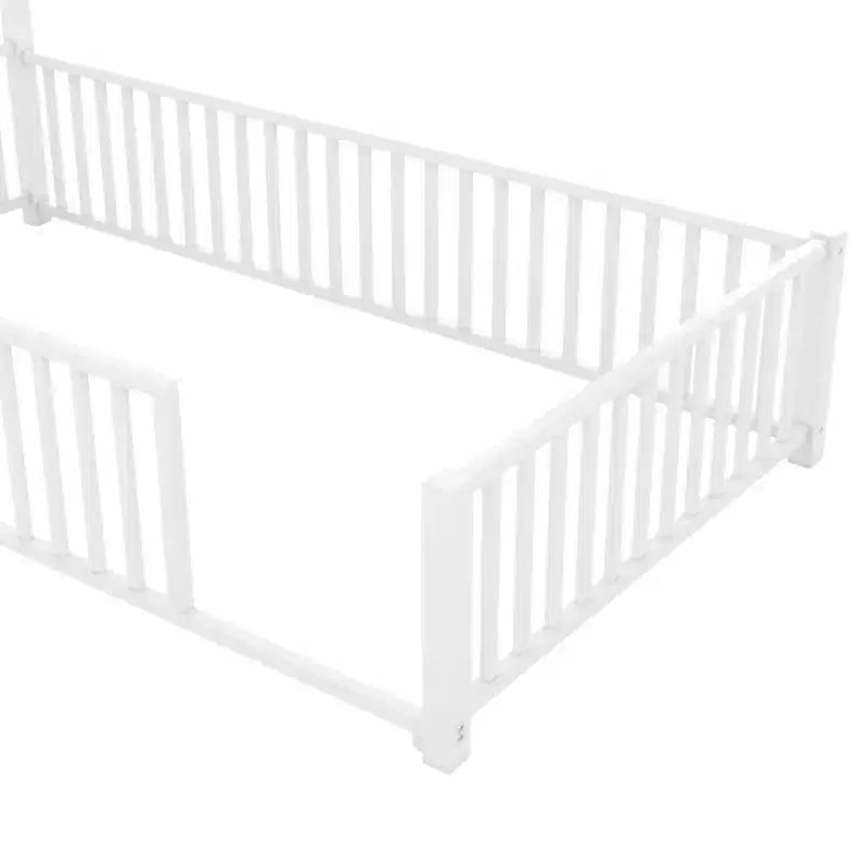 Lit plateforme en métal double avec clôture et cheminée, blanc