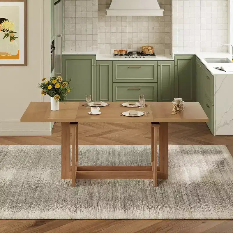 Table à manger rustique extensible de 82 po, table de cuisine à tréteaux avec pieds en bois d'hévéa, 2 rallonges amovibles