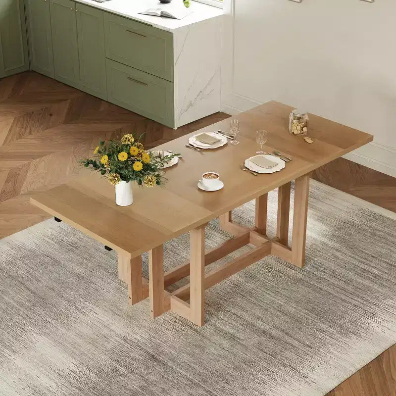 Table à manger rustique extensible de 82 po, table de cuisine à tréteaux avec pieds en bois d'hévéa, 2 rallonges amovibles