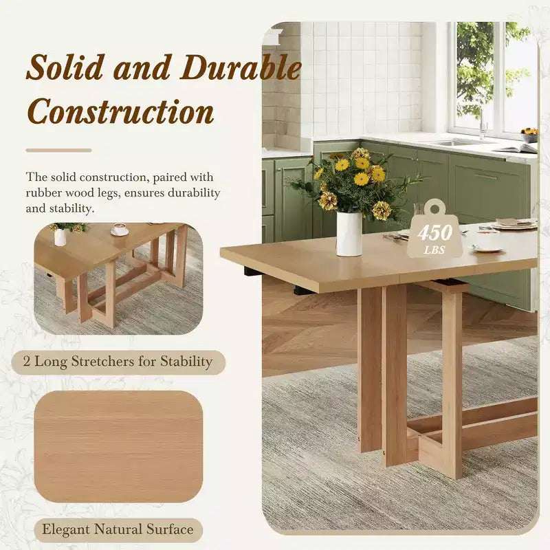 Table à manger rustique extensible de 82 po, table de cuisine à tréteaux avec pieds en bois d'hévéa, 2 rallonges amovibles