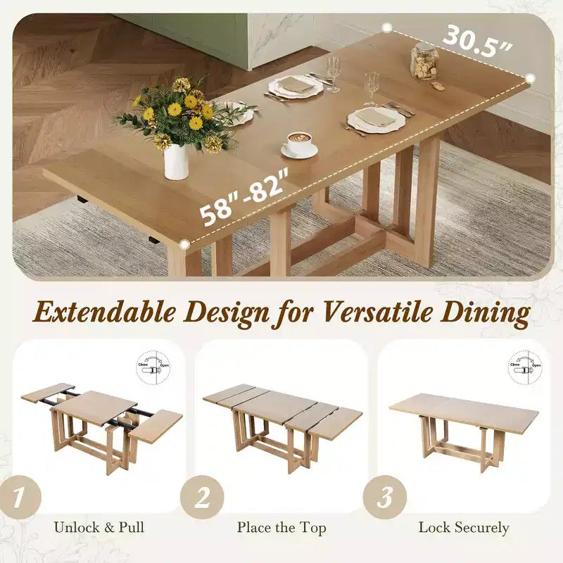 Table à manger rustique extensible de 82 po, table de cuisine à tréteaux avec pieds en bois d'hévéa, 2 rallonges amovibles