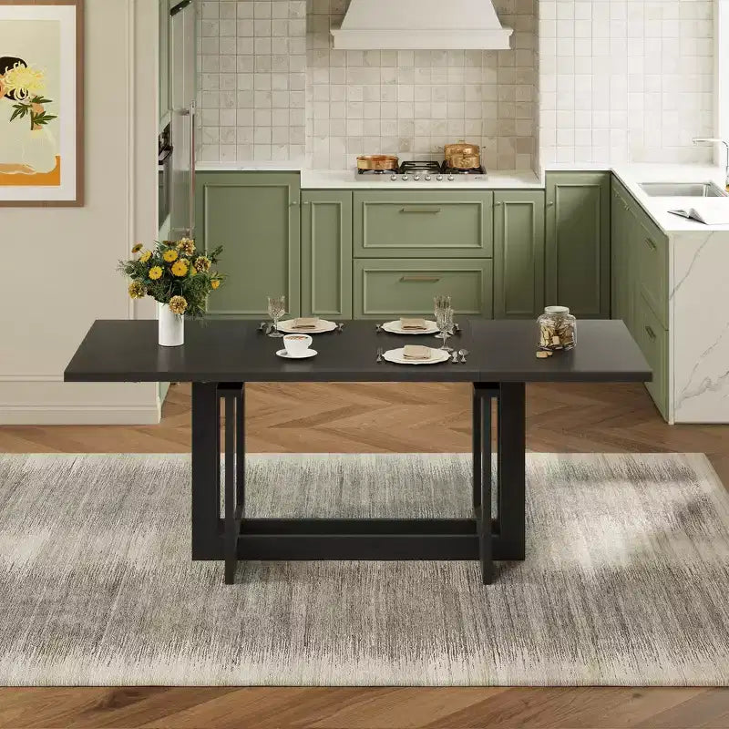 Table à manger rustique extensible de 82 po, table de cuisine à tréteaux avec pieds en bois d'hévéa, 2 rallonges amovibles