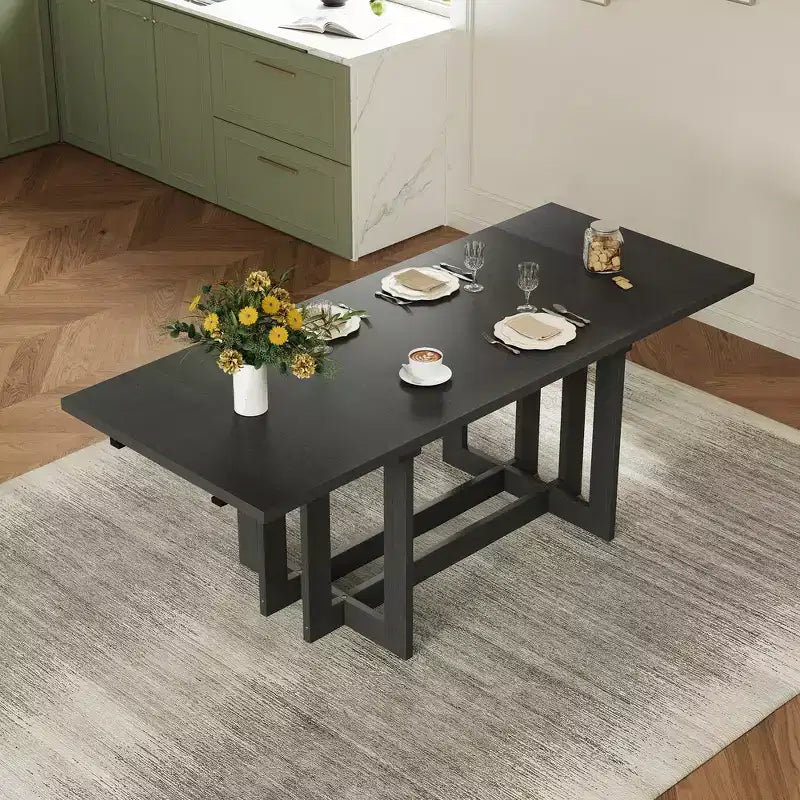Table à manger rustique extensible de 82 po, table de cuisine à tréteaux avec pieds en bois d'hévéa, 2 rallonges amovibles