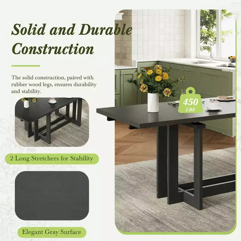 Table à manger rustique extensible de 82 po, table de cuisine à tréteaux avec pieds en bois d'hévéa, 2 rallonges amovibles
