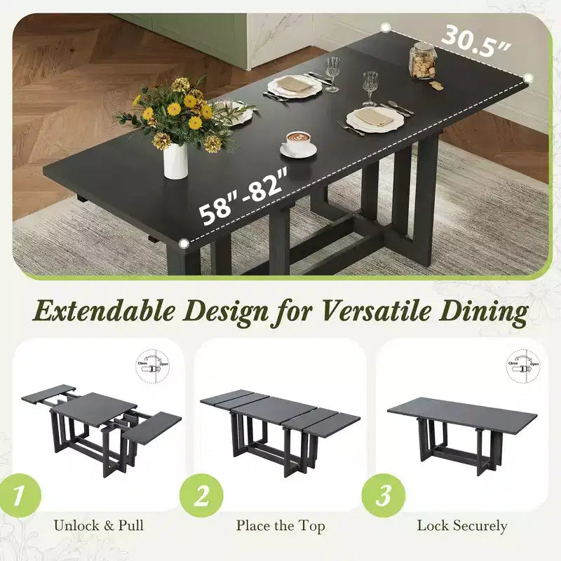 Table à manger rustique extensible de 82 po, table de cuisine à tréteaux avec pieds en bois d'hévéa, 2 rallonges amovibles