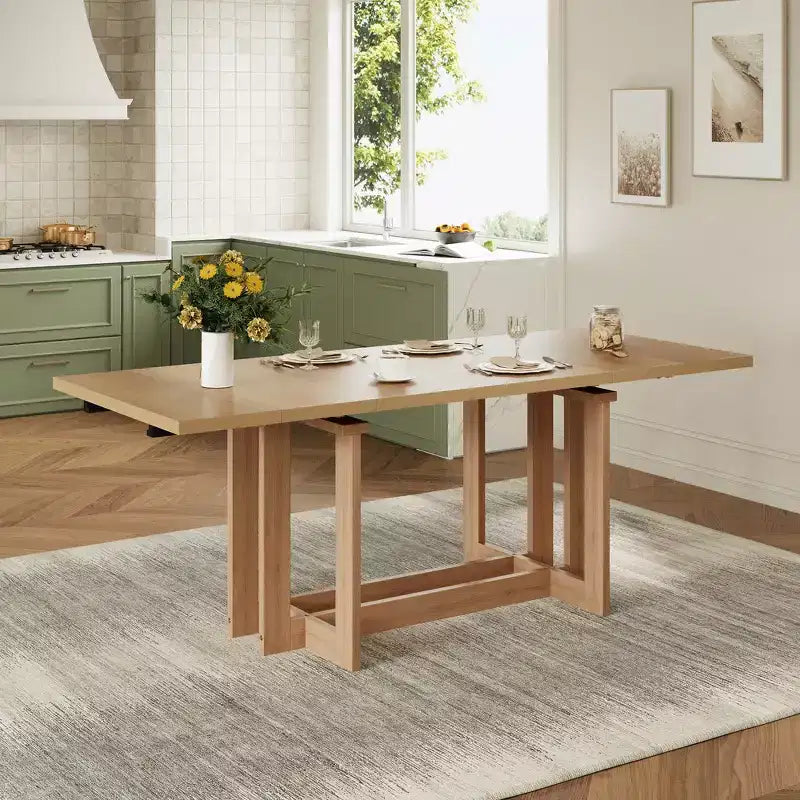 Table à manger rustique extensible de 82 po, table de cuisine à tréteaux avec pieds en bois d'hévéa, 2 rallonges amovibles
