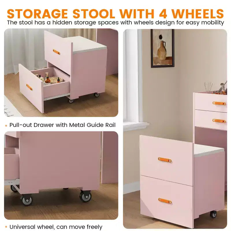 Coiffeuse 3-en-1, Table de maquillage avec miroir rabattable 3 couleurs d'éclairage et tabouret rembourré, Petite coiffeuse/table de chevet parfaite pour chambre à coucher, Rose