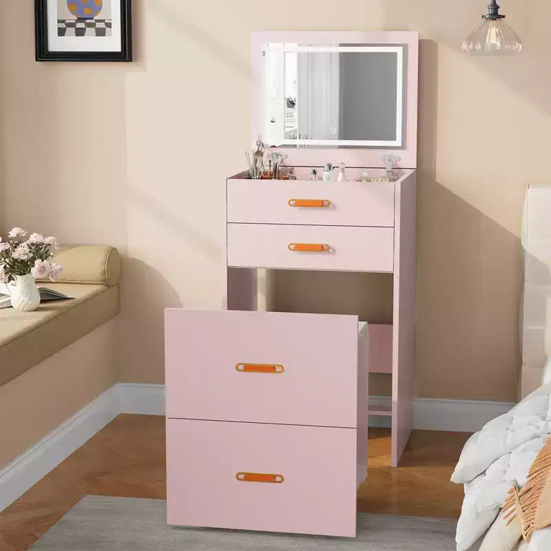 Coiffeuse 3-en-1, Table de maquillage avec miroir rabattable 3 couleurs d'éclairage et tabouret rembourré, Petite coiffeuse/table de chevet parfaite pour chambre à coucher, Rose