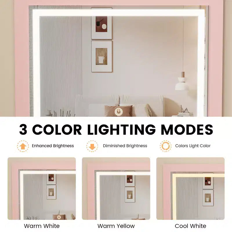 Coiffeuse 3-en-1, Table de maquillage avec miroir rabattable 3 couleurs d'éclairage et tabouret rembourré, Petite coiffeuse/table de chevet parfaite pour chambre à coucher, Rose