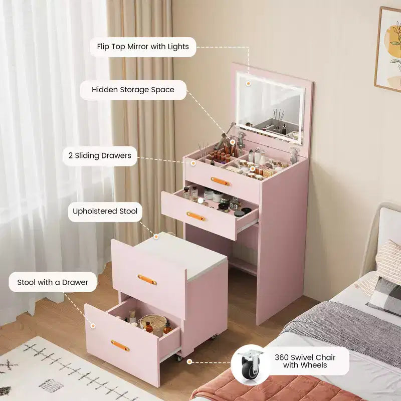 Coiffeuse 3-en-1, Table de maquillage avec miroir rabattable 3 couleurs d'éclairage et tabouret rembourré, Petite coiffeuse/table de chevet parfaite pour chambre à coucher, Rose