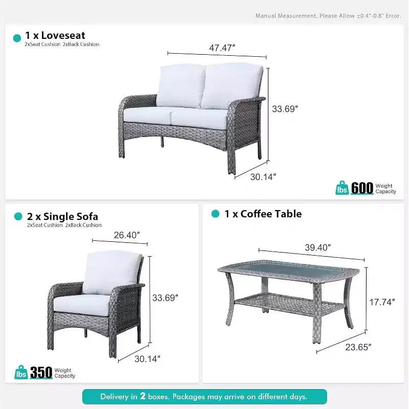 HOMLUX Ensemble de conversation de patio 4 pièces Chaises et canapé en rotin tressé d'extérieur, toutes saisons, dossier haut