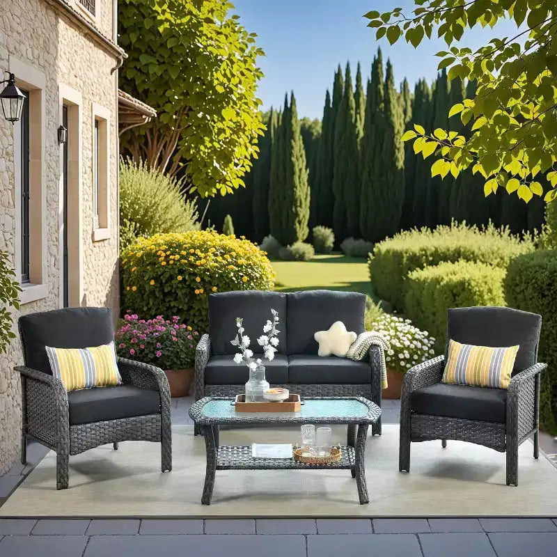HOMLUX Ensemble de conversation de patio 4 pièces Chaises et canapé en rotin tressé d'extérieur, toutes saisons, dossier haut