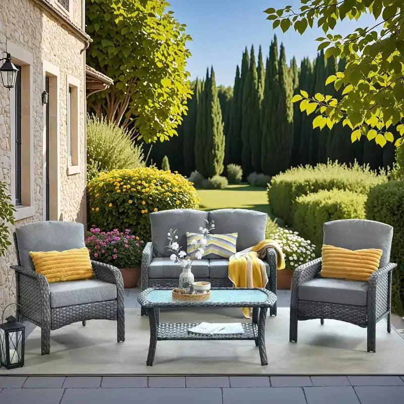 HOMLUX Ensemble de conversation de patio 4 pièces Chaises et canapé en rotin tressé d'extérieur, toutes saisons, dossier haut