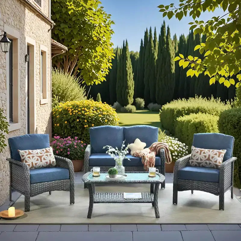 HOMLUX Ensemble de conversation de patio 4 pièces Chaises et canapé en rotin tressé d'extérieur, toutes saisons, dossier haut