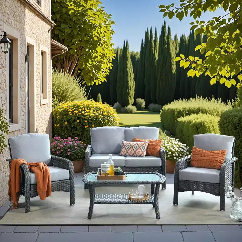 HOMLUX Ensemble de conversation de patio 4 pièces Chaises et canapé en rotin tressé d'extérieur, toutes saisons, dossier haut