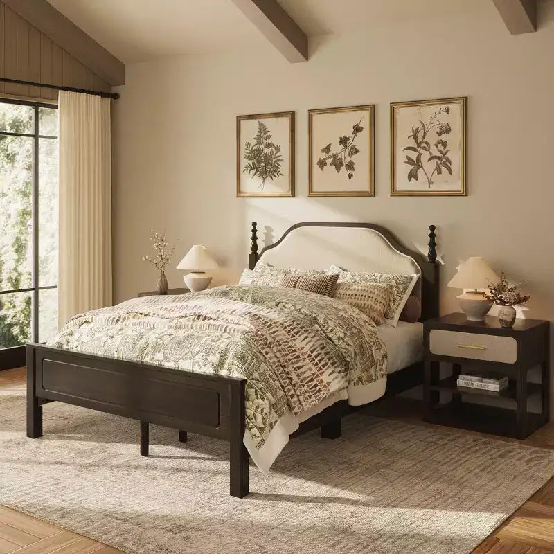 Ensembles de meubles de chambre à coucher Queen-85 Cadre de lit en bois massif avec tête de lit rembourrée et 2 tables de chevet, aucun sommier tapissier requis, pour chambre à coucher-Morden Fort