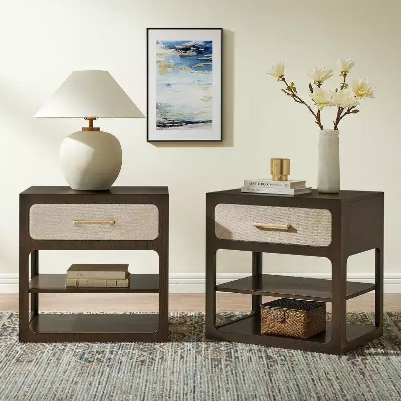 Ensembles de meubles de chambre à coucher Queen-85 Cadre de lit en bois massif avec tête de lit rembourrée et 2 tables de chevet, aucun sommier tapissier requis, pour chambre à coucher-Morden Fort