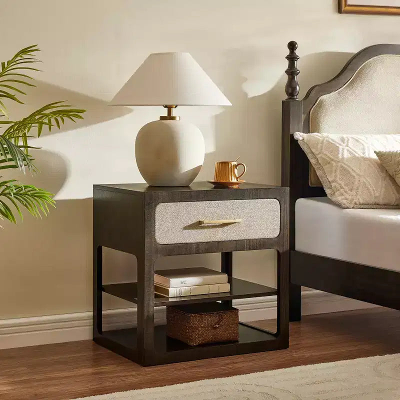Ensembles de meubles de chambre à coucher Queen-85 Cadre de lit en bois massif avec tête de lit rembourrée et 2 tables de chevet, aucun sommier tapissier requis, pour chambre à coucher-Morden Fort